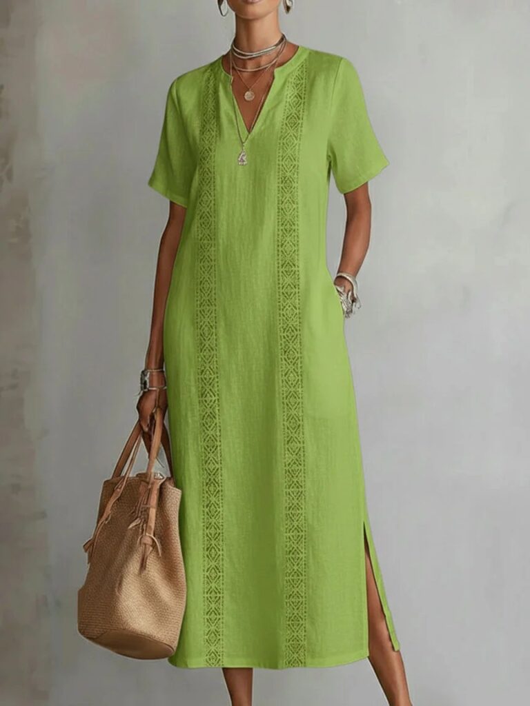 Women's Retro Hollow-Out Lace V-Neck Cotton-Linen Dress