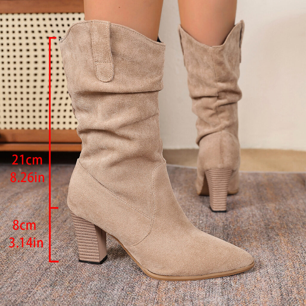 Suede Pointed-toe Fashion Boots With Pleated Mid-calf Design And Chunky Heel