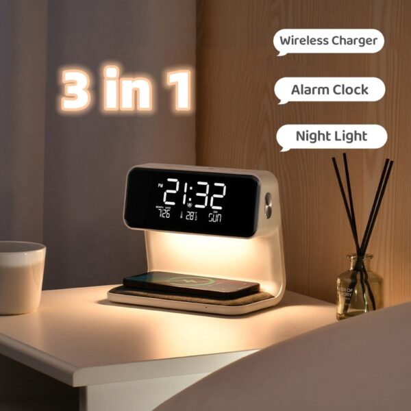 Creative 3 In 1 Bedside Lamp Wireless Charging LCD Screen Alarm Clock  Wireless Phone Charger Duplicate