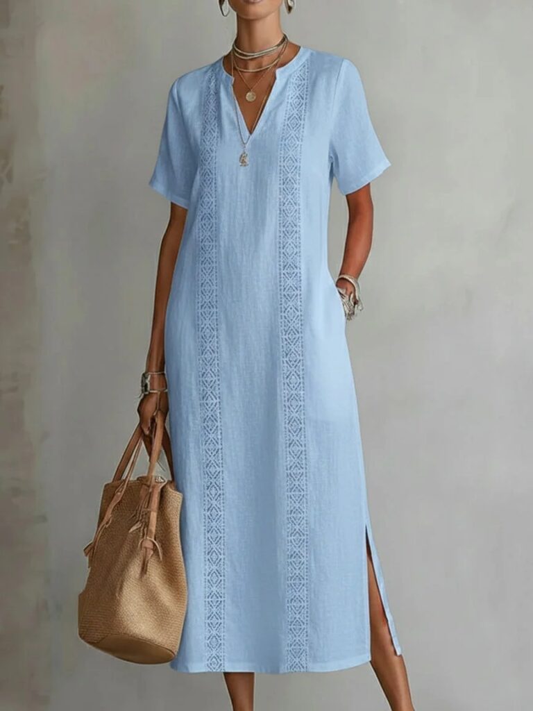 Women's Retro Hollow-Out Lace V-Neck Cotton-Linen Dress