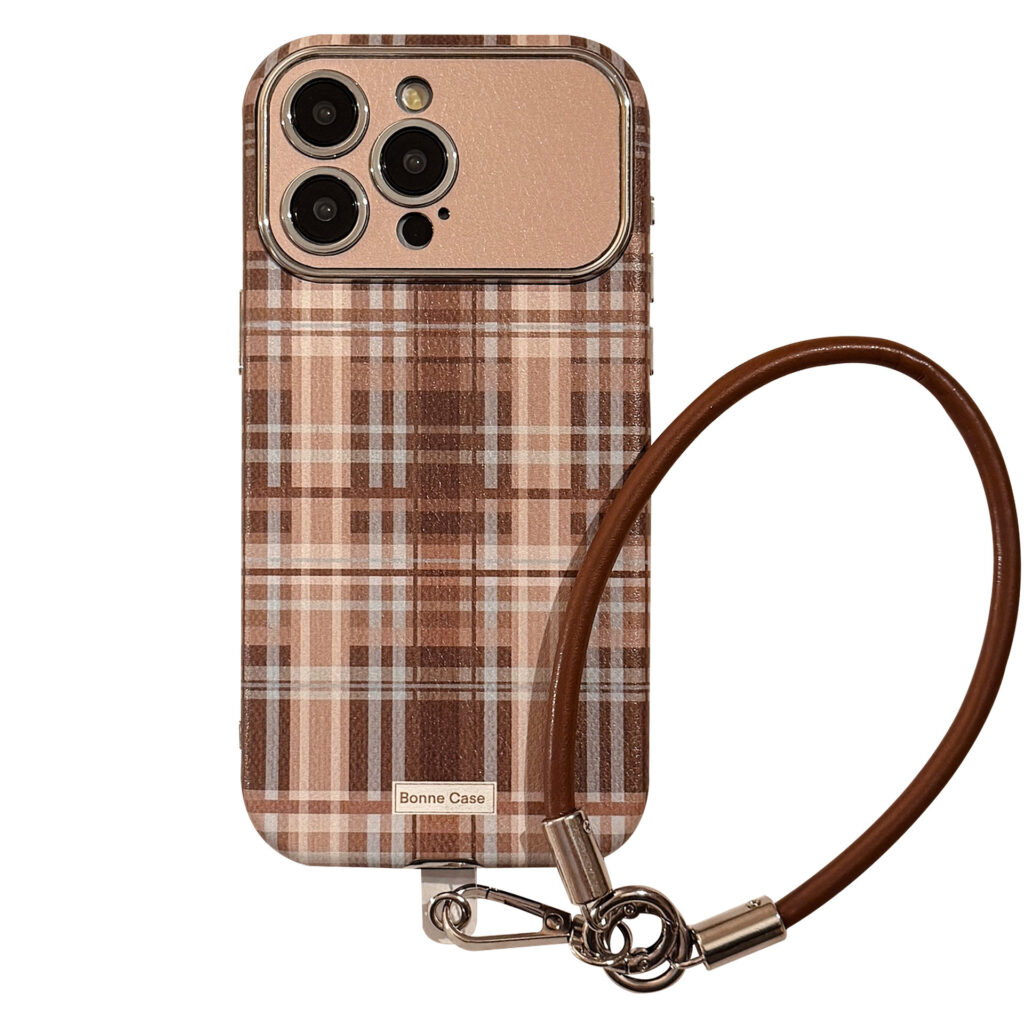 Brown Plaid Phone Case With A Drop-proof Lanyard