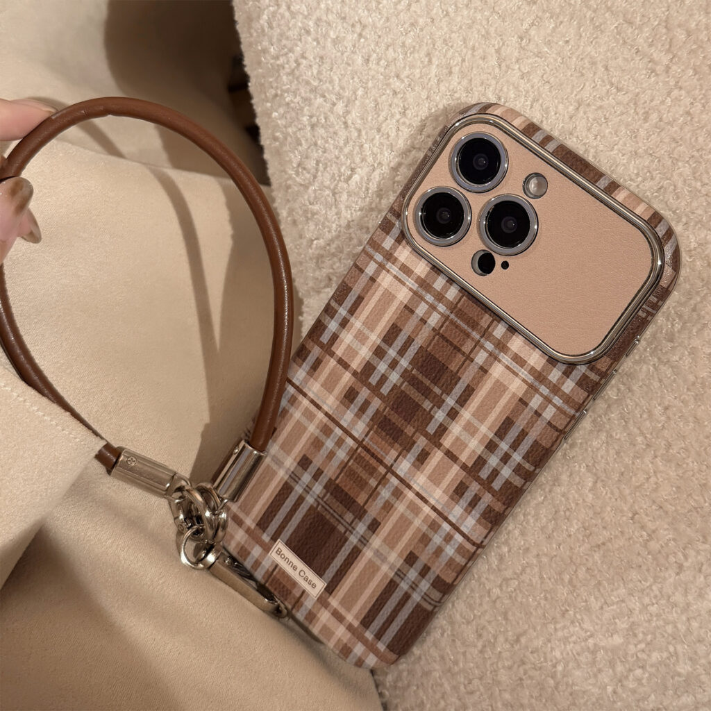 Brown Plaid Phone Case With A Drop-proof Lanyard