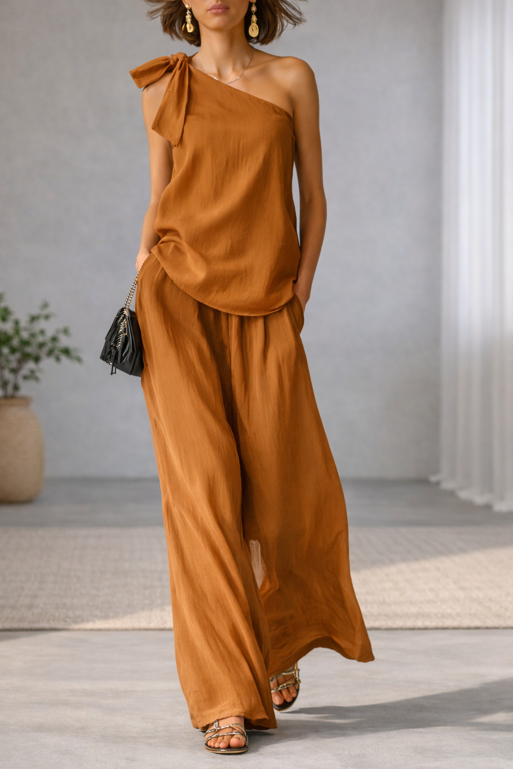 Sleeveless One-shoulder Top With Tie Detail And Wide-leg Pants - Image 17