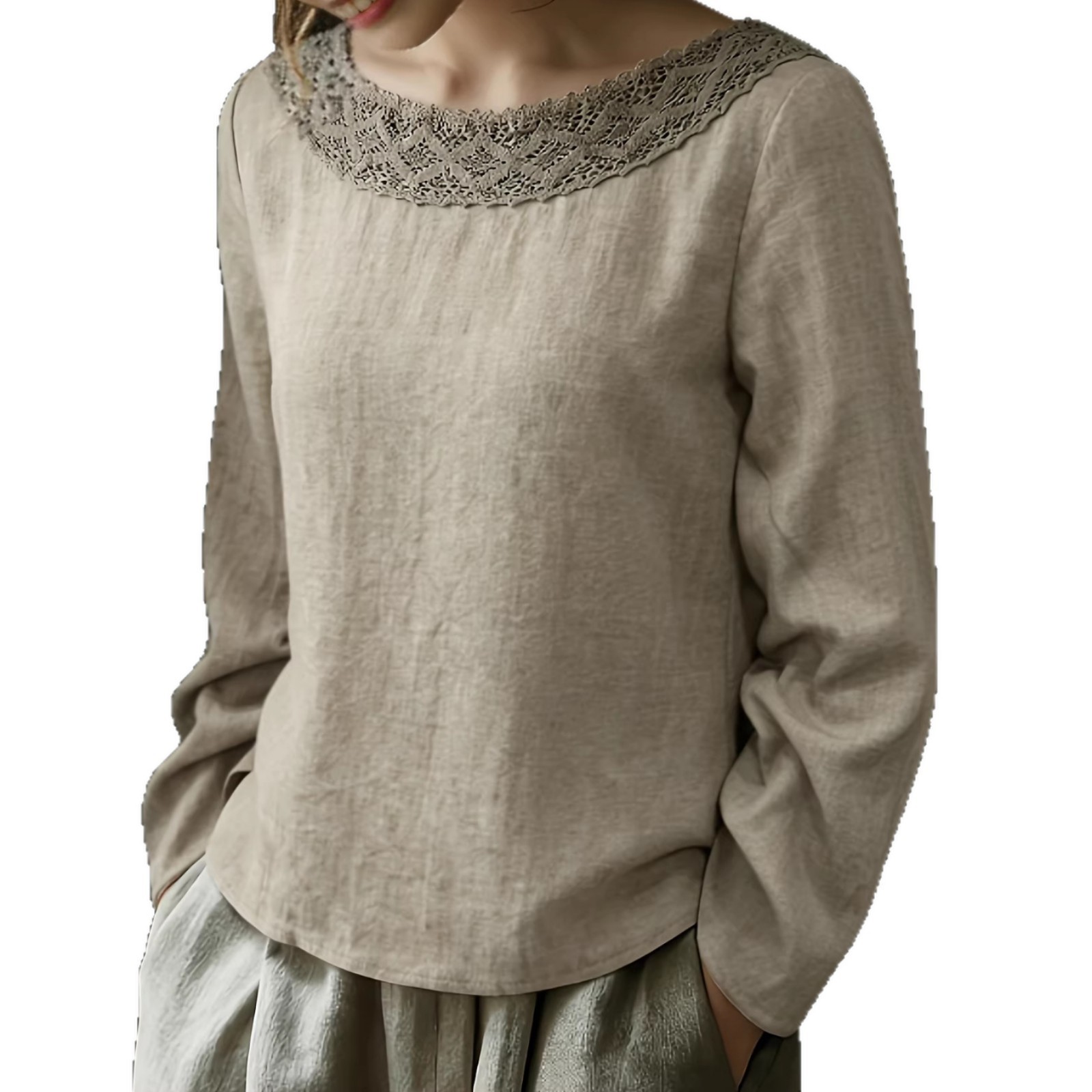 Lace-trimmed Patchwork Artistic Vintage Laid-back Style Loose Boat-neck Long-sleeve Top - Image 3