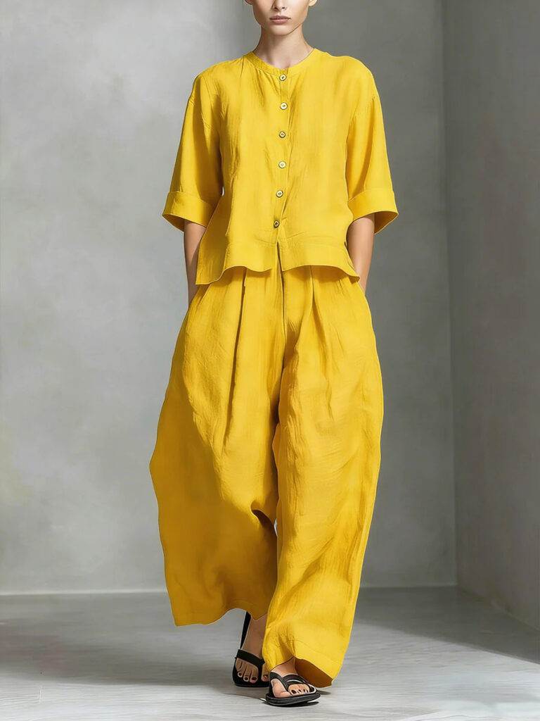 Solid-color Cotton-linen Shirt And Loose-fitting Trousers Two-piece Set