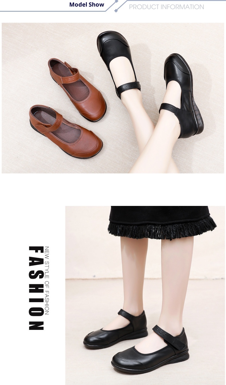 Genuine Leather Single-Strap Velcro Closure Plus-Size Round-Toe Flat Shoes - Image 9