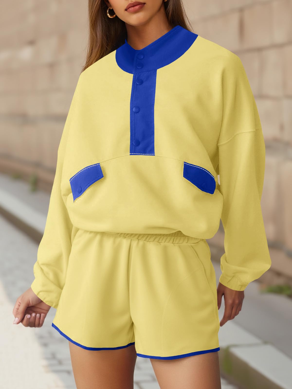 Fisoew Womens 2 Piece Sets Sweatsuits Casual Half Button Color Block Sweatshirts Running Shorts Tracksuits Fall Outfits - Image 18