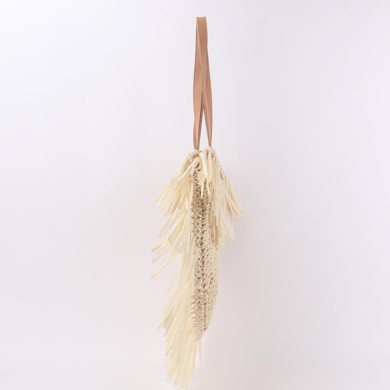 New Semi-circular Tassel Straw Shoulder Bag With Tassels And Paper Trim