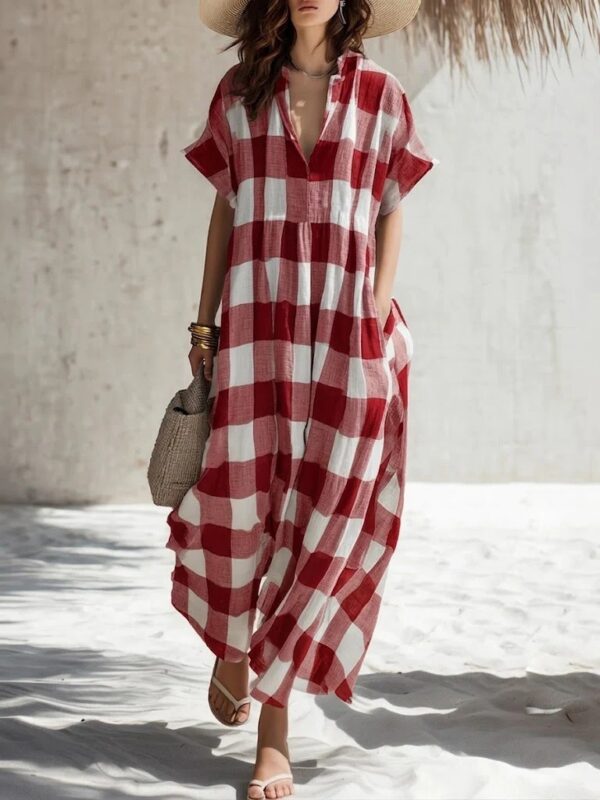Plaid V-neck Long Cotton-Linen Dress - Image 5