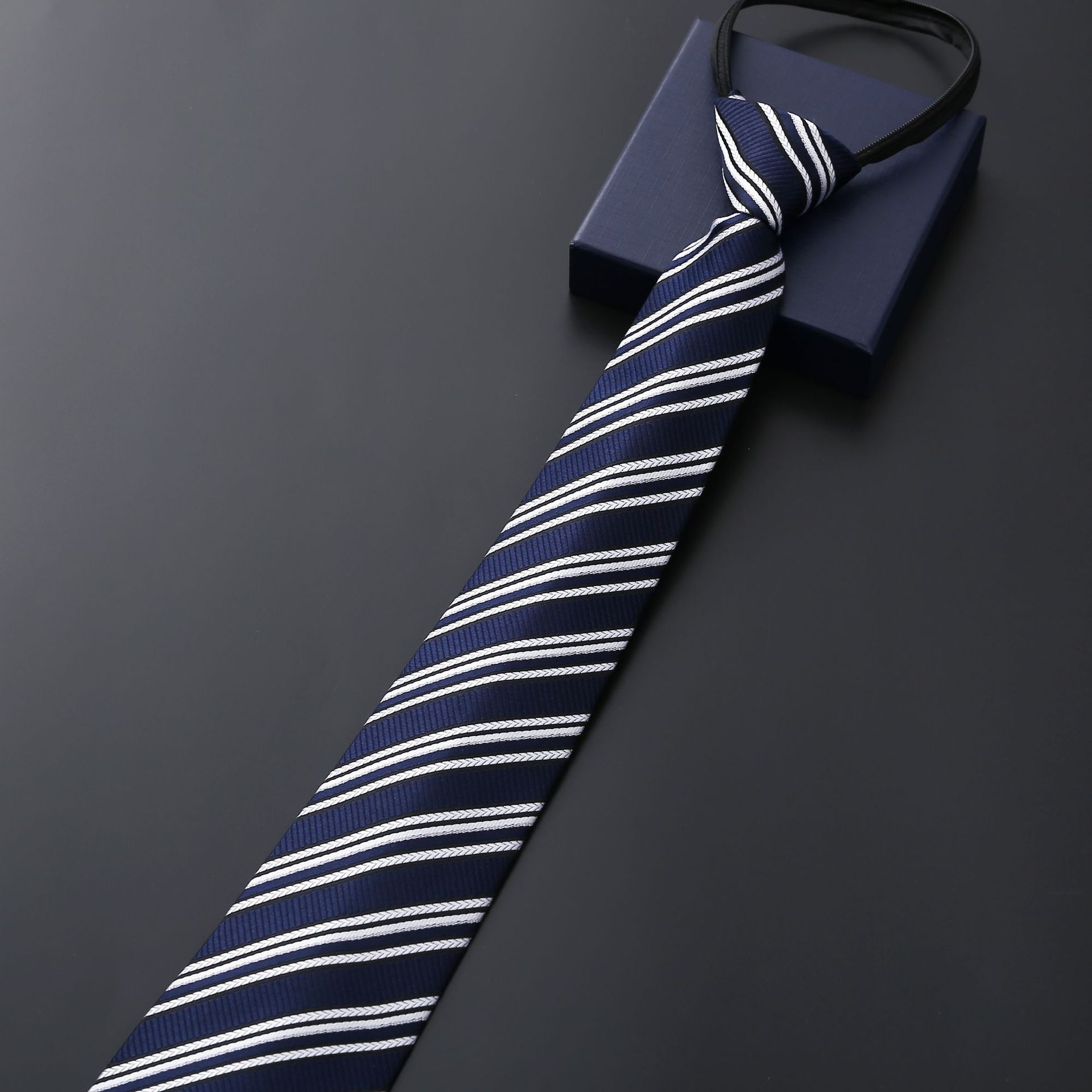 Mens Business Formal Zipper Tie With Blue Stripes - Image 2