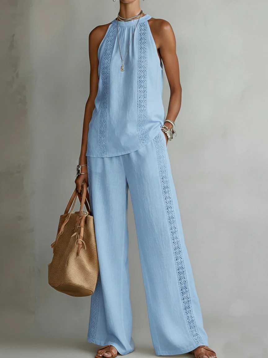 Womens Retro Lace Sleeveless Top And Wide-Leg Pants Two-Piece Set - Image 15