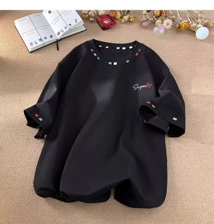 Retro High-Street Embroidered Loose-Fit Half-Sleeve Top - Image 3