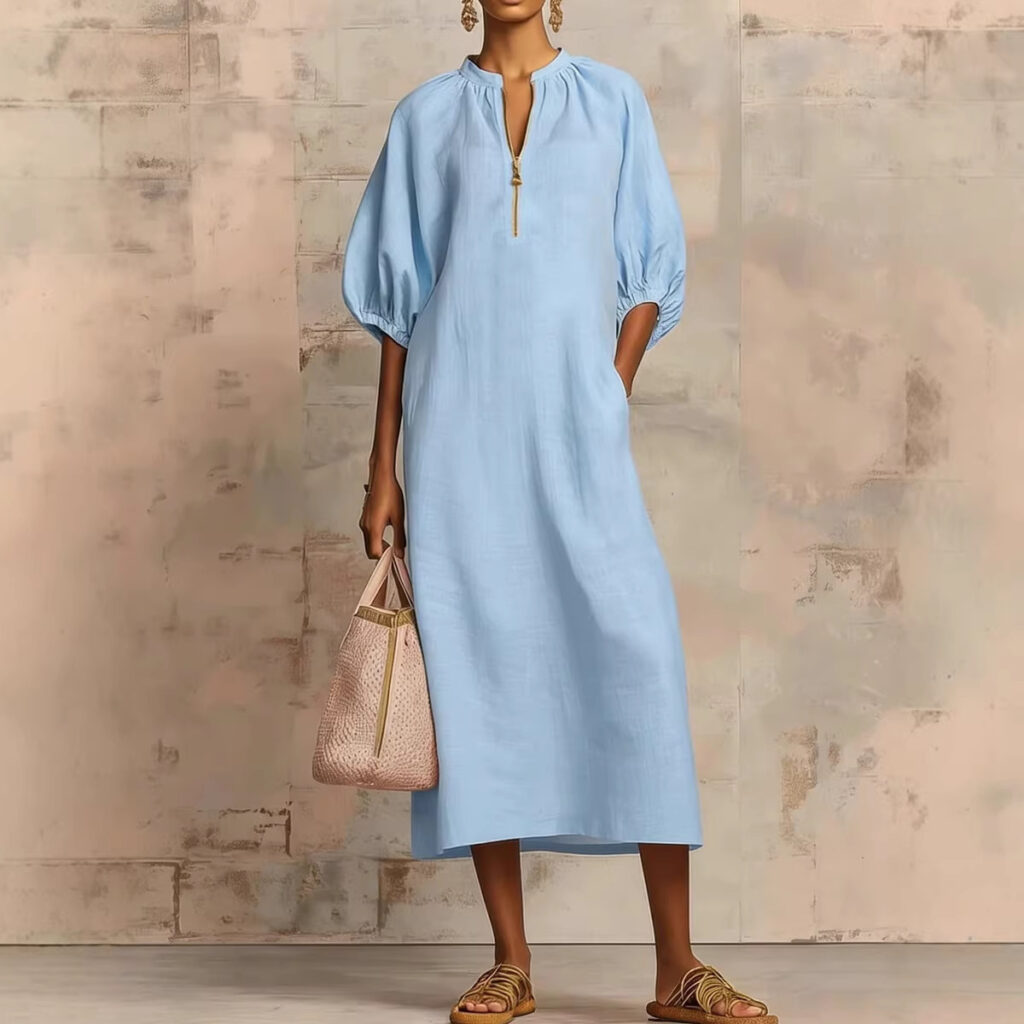 Womens Solid-Colored Cotton-Linen Loose-Fit Casual Puff-Sleeve Dress