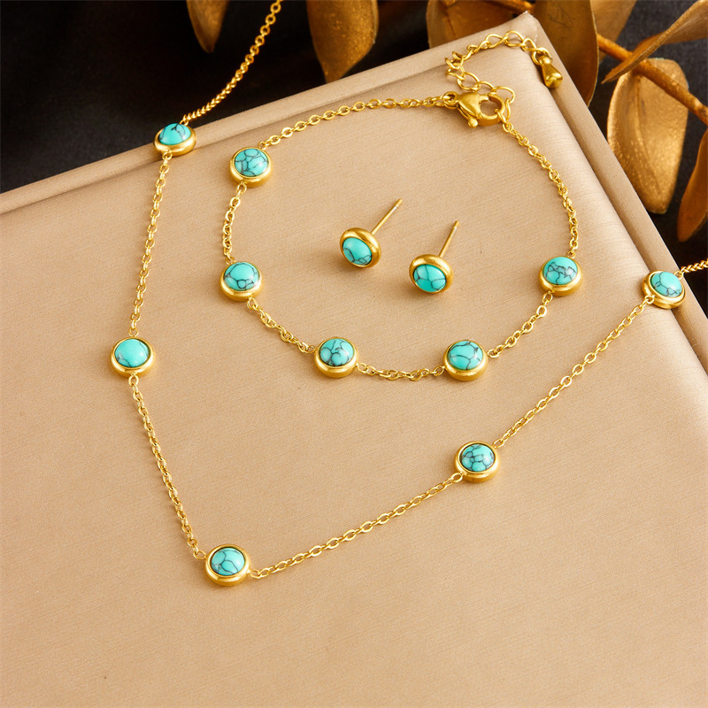 Retro All-Match Blue Turquoise Stainless Steel Jewelry Set - Image 9