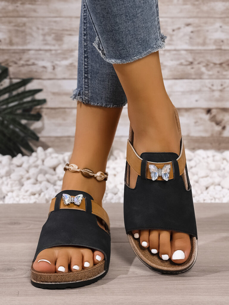 Women's Outerwear Matte Leather Rhinestone Large-Size Vintage Slippers