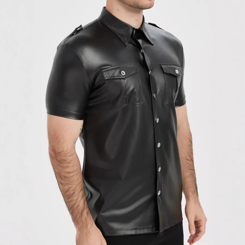 European And American-style Summer Casual Mens Patent Leather Tight-fitting Short-sleeve Top
