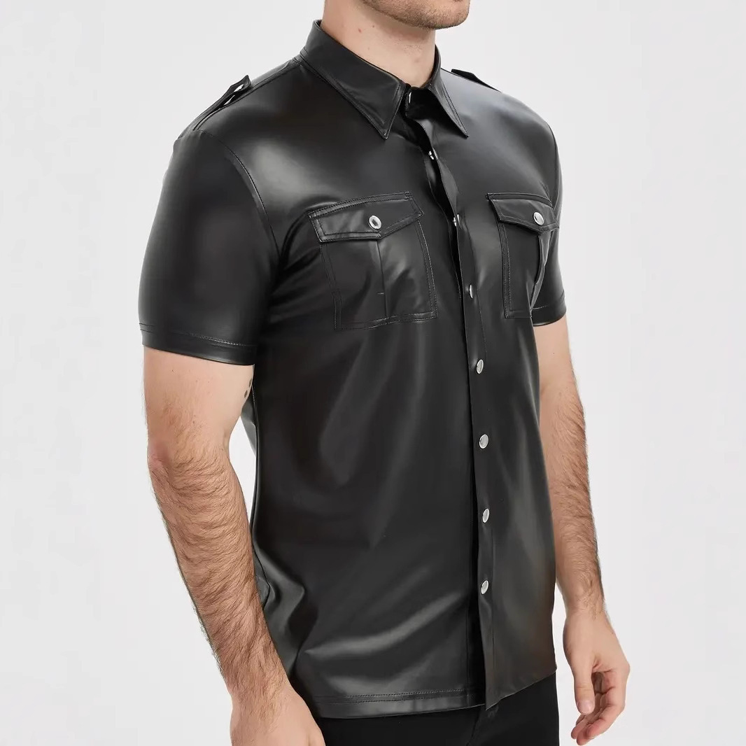 European And American-style Summer Casual Mens Patent Leather Tight-fitting Short-sleeve Top - Image 4