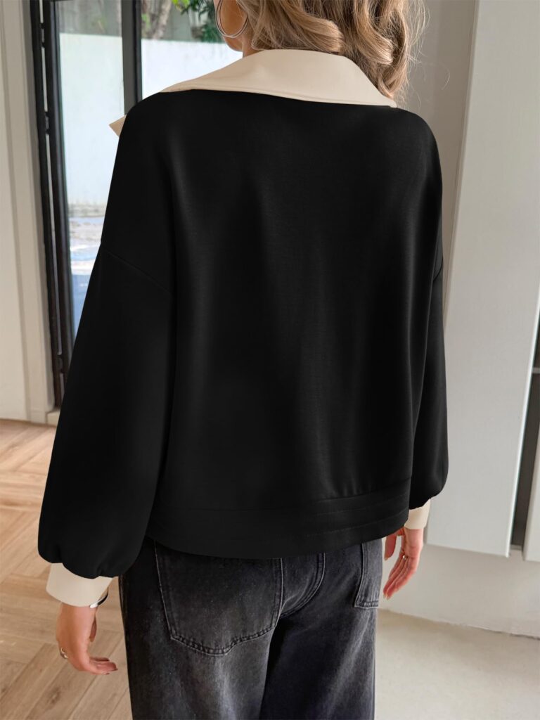 Fisoew Womens Cropped Oversized Sweatshirt Casual Lapel V Neck Long Sleeve Contrast Drawstring Loose Fit Fall Pullover Tops
