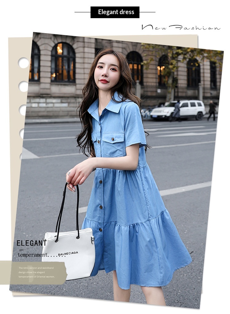 Single-breasted Pocketed Short-sleeve Denim Dress - Image 13