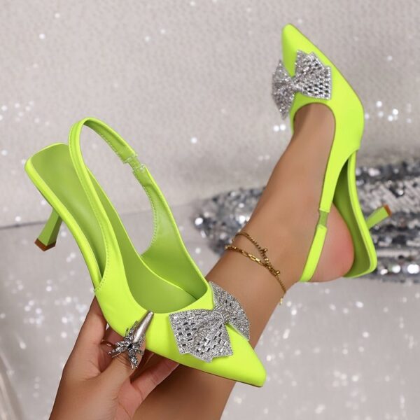 New Summer Women's European Style Bow & Rhinestone Pointed Toe Slim Heel Sandals, Plus Size High Heels - Image 4
