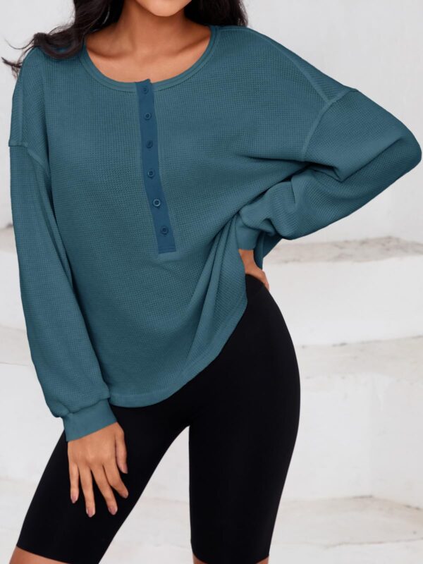 Fisoew Womens Cropped Sweatshirt Casual Waffle Knit Button V Neck Long Sleeve Loose Fit Fall Crop Tops - Image 34