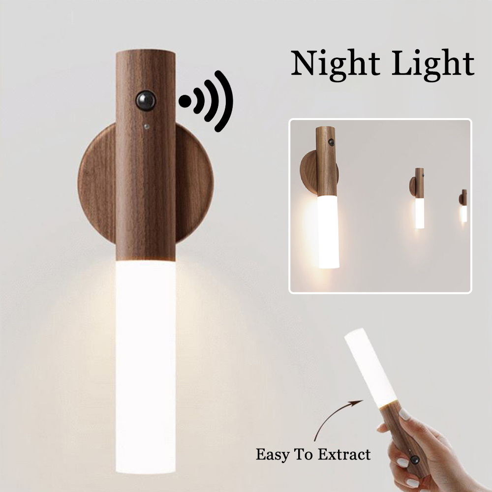 Auto LED USB Magnetic Wood Wireless Night Light Corridors Porch Lights PIR Motion Sensor Wall Light Cabinet Lamp - Image 1