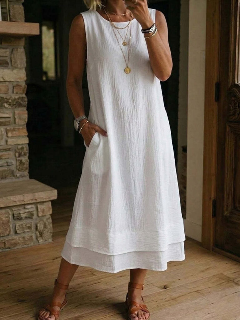 Women's Fashion Casual Cotton-Linen Crew-Neck Sleeveless Dress