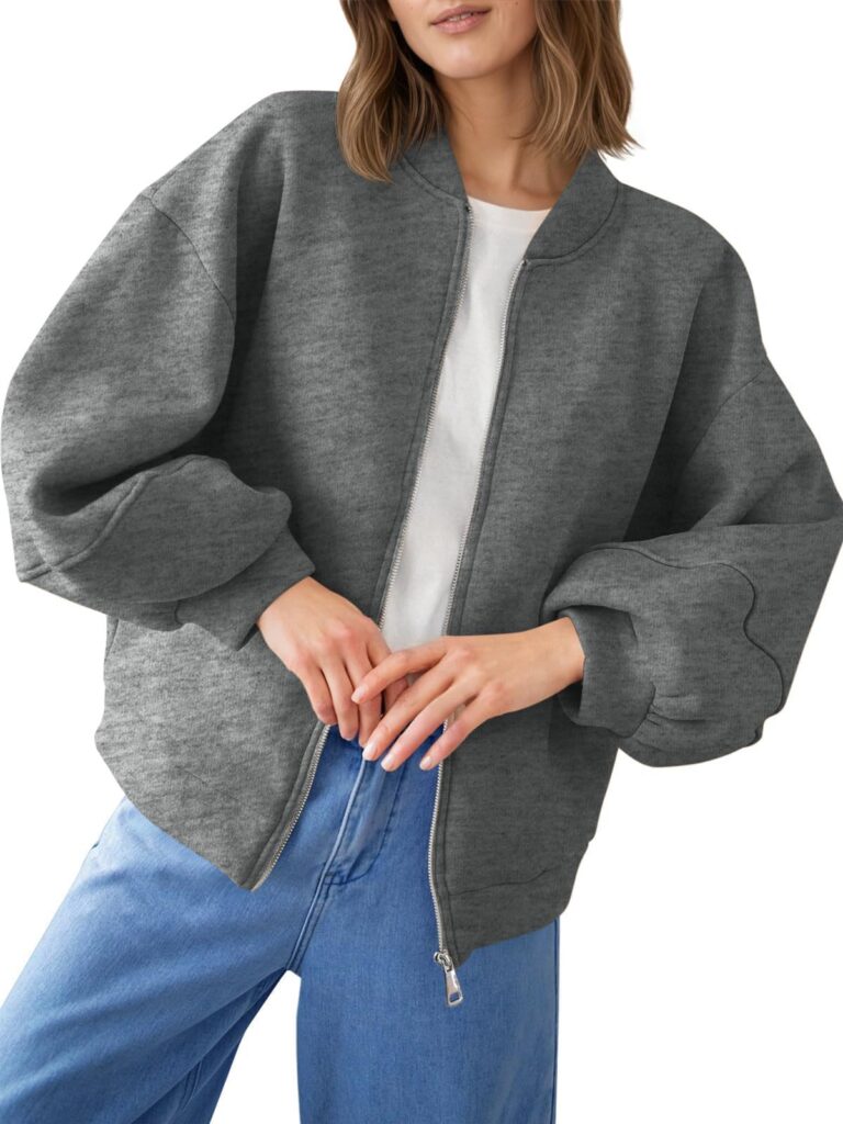 Fisoew Womens Zip Up Sweatshirt Casual Bomber Jacket Lantern Sleeve Oversized Jacket Fall Outfits 2025