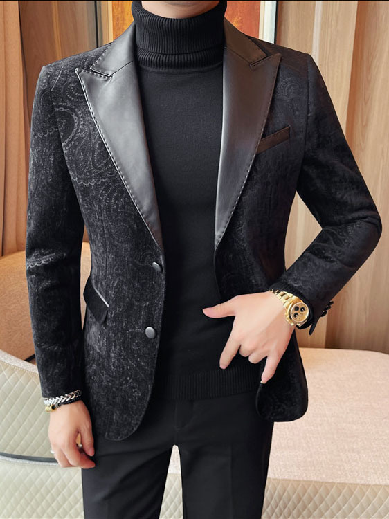 Jacquard Velvet Leather Lapel Men's Blazer - Image 6