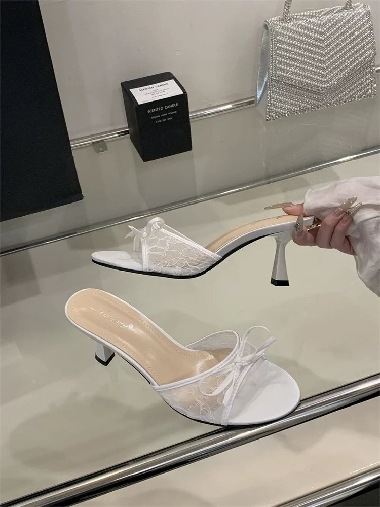 French Style Lace Bow Kitten Heel Mules For Women - Image 9