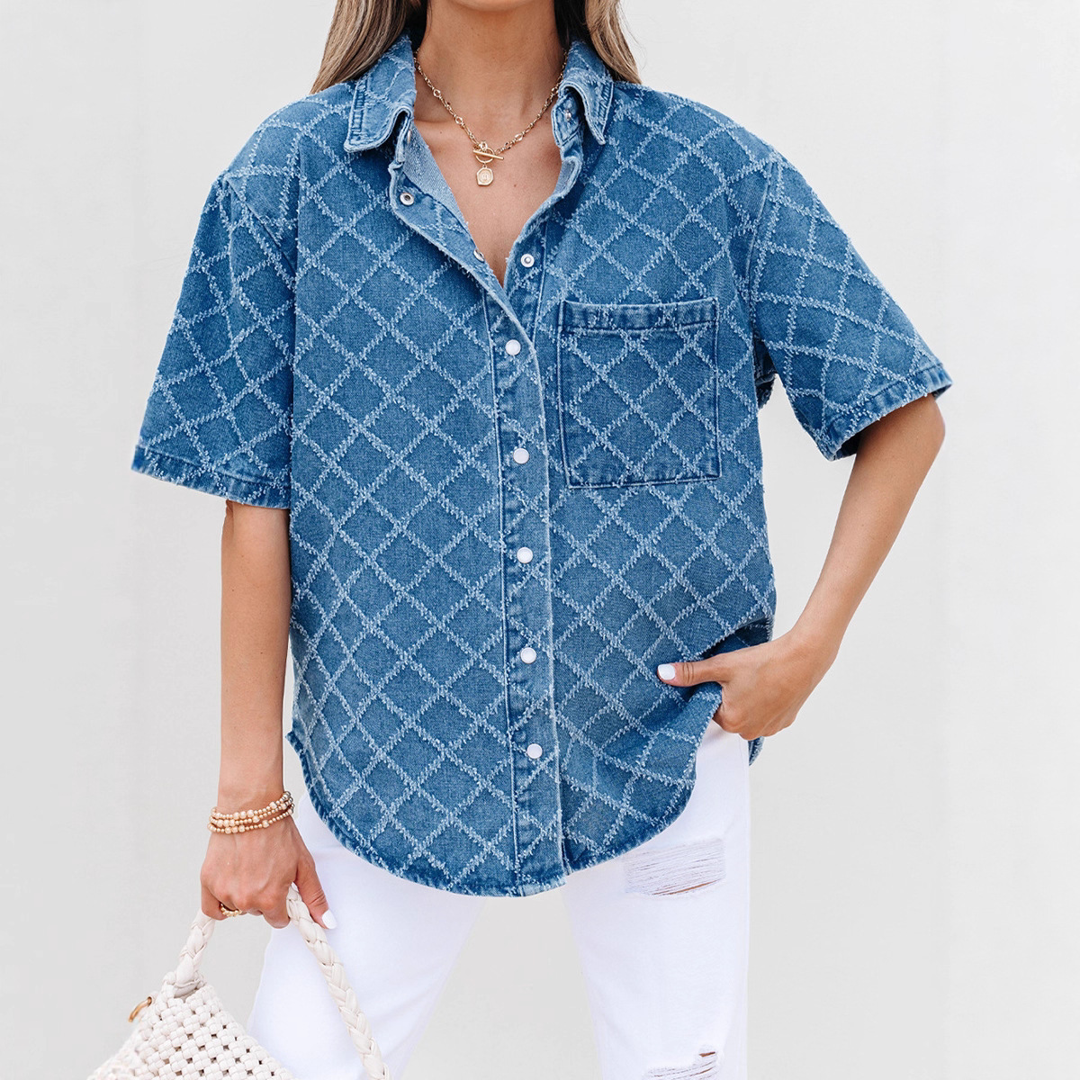 New Plaid Printed Denim Shirt For Women - Image 2