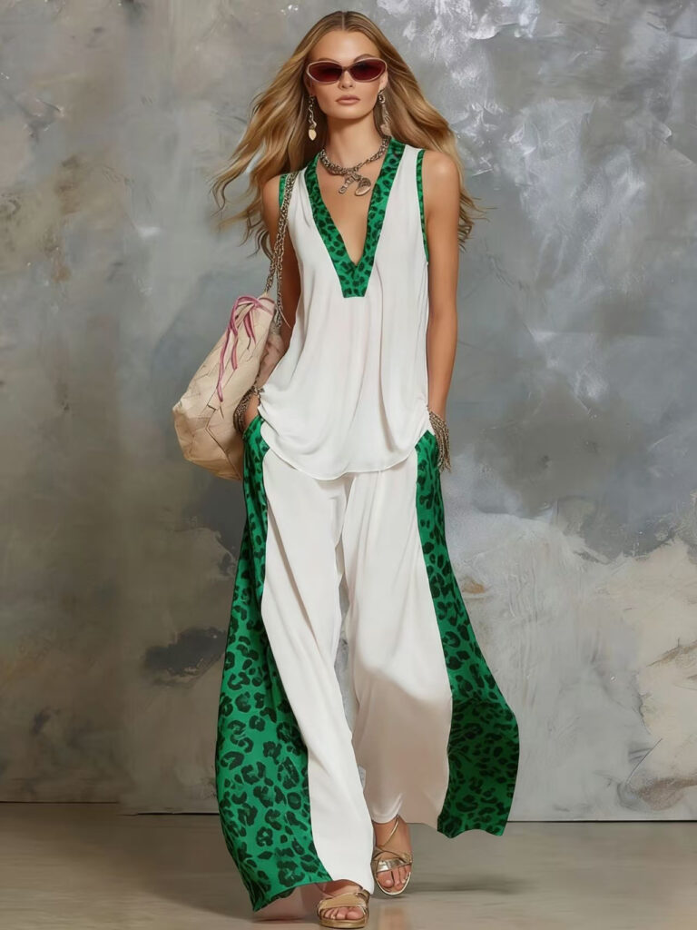 Women's Leopard-Print Patchwork Tank Top Fashion Brand Stylish Set