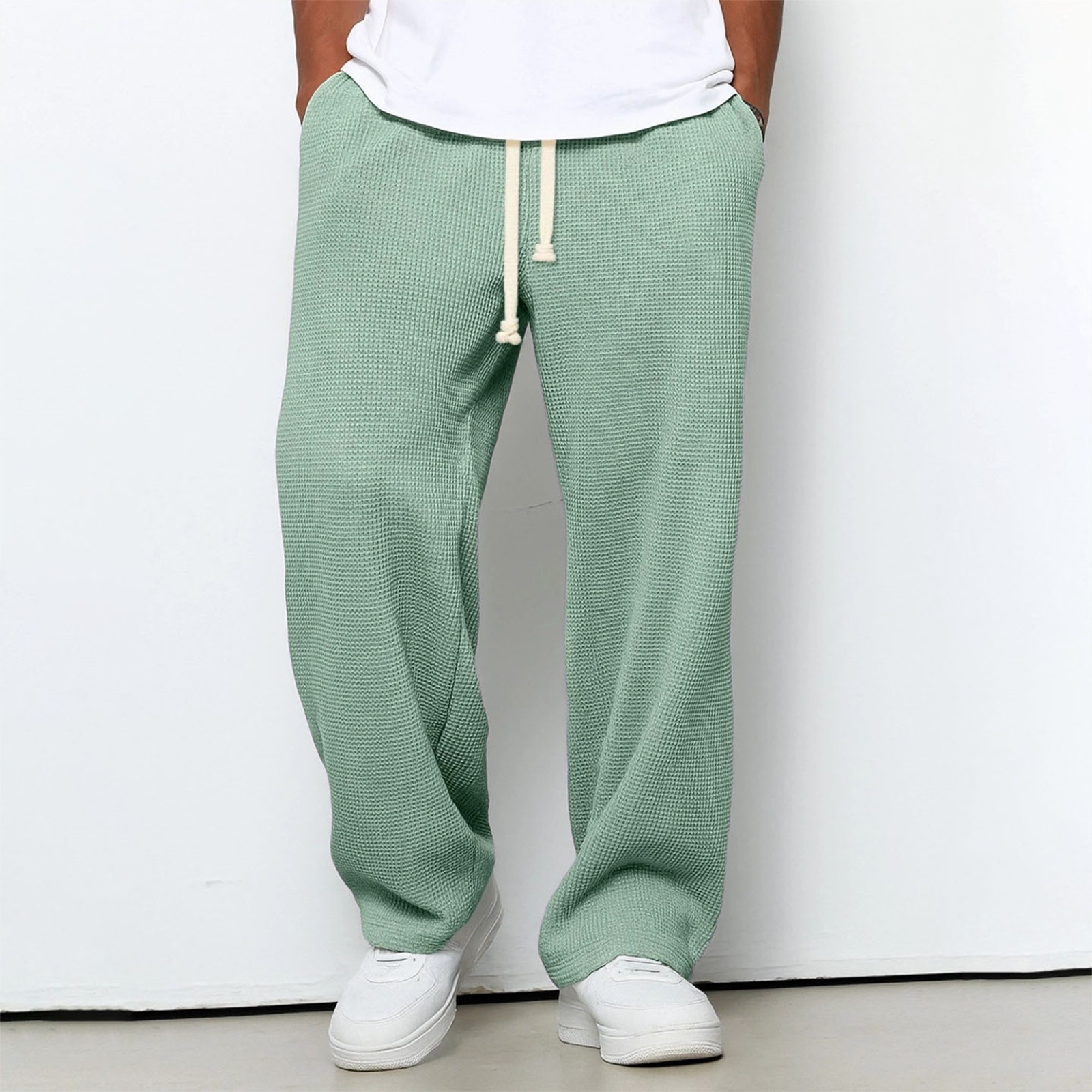 Mens Relaxed-fit Waffle-knit Wide-leg Athleisure Pants - Image 58