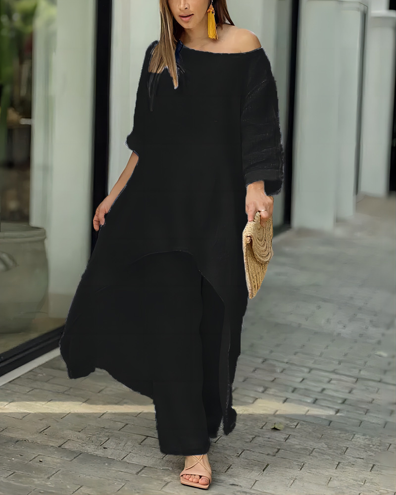 Large Size Irregular Long-sleeved Suit With Wide-leg Pants Set Of Two Pieces - Image 5