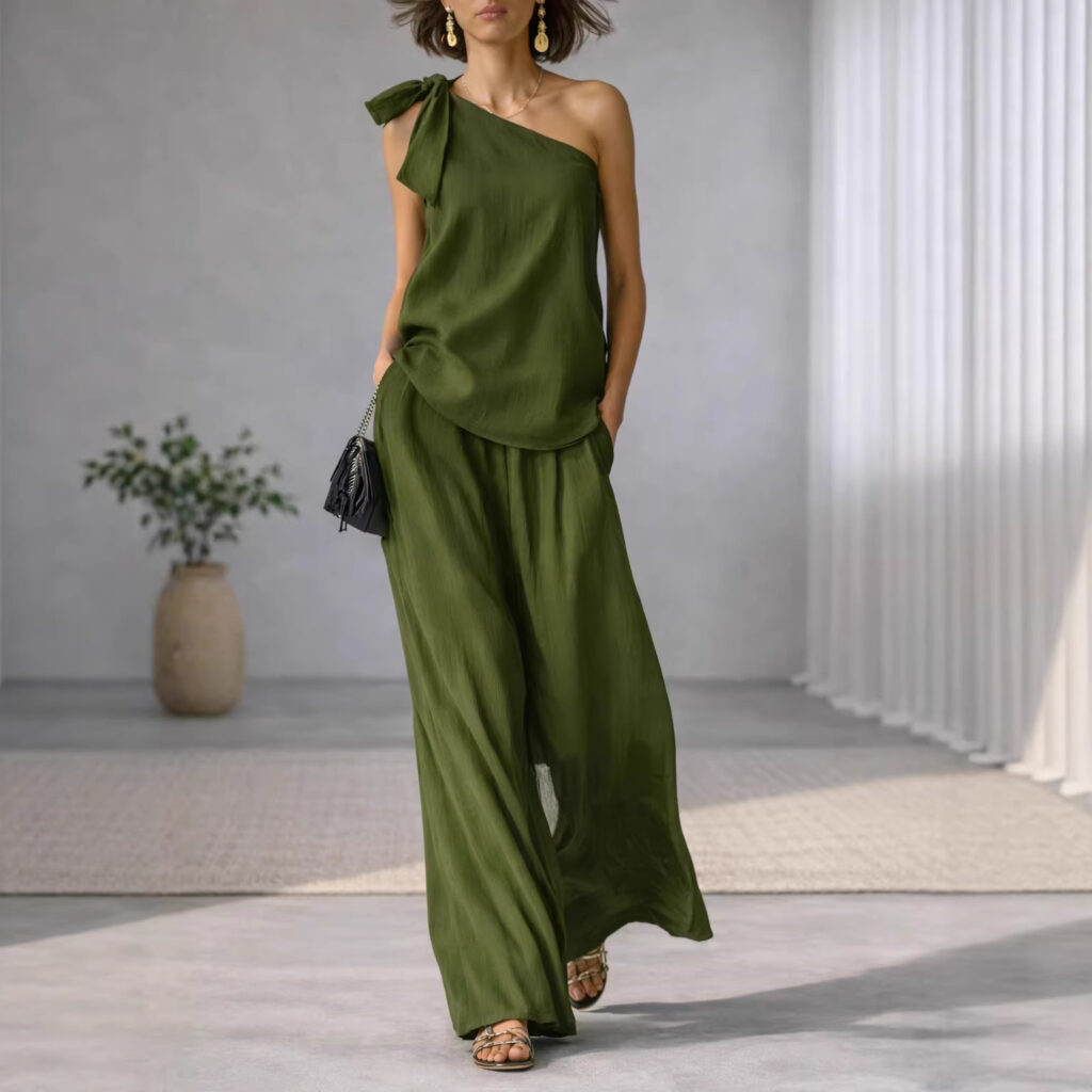 Sleeveless One-shoulder Top With Tie Detail And Wide-leg Pants