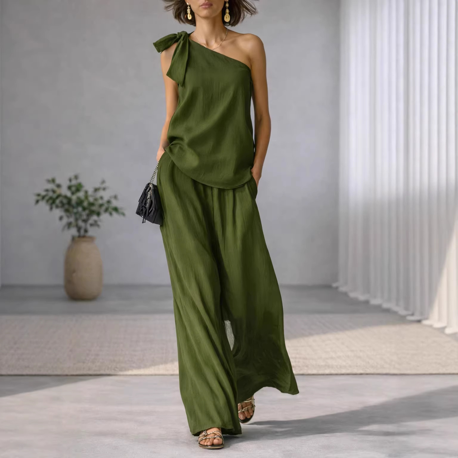 Sleeveless One-shoulder Top With Tie Detail And Wide-leg Pants - Image 5