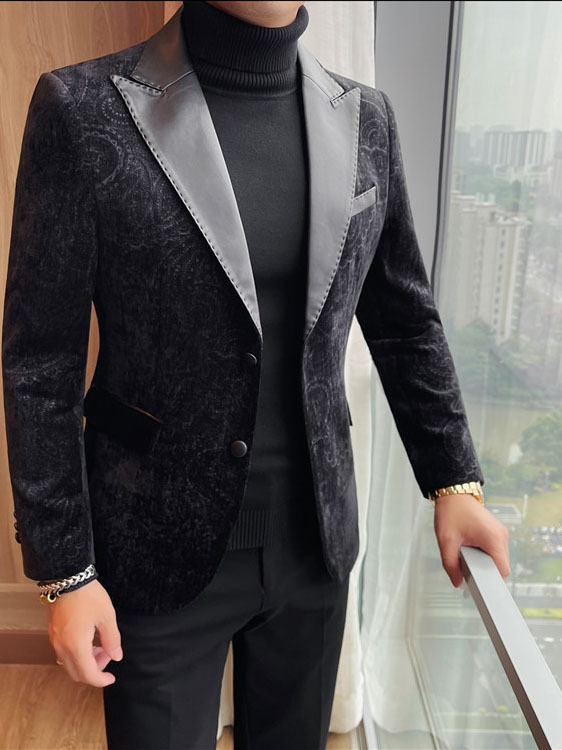 Jacquard Velvet Leather Lapel Men's Blazer - Image 9