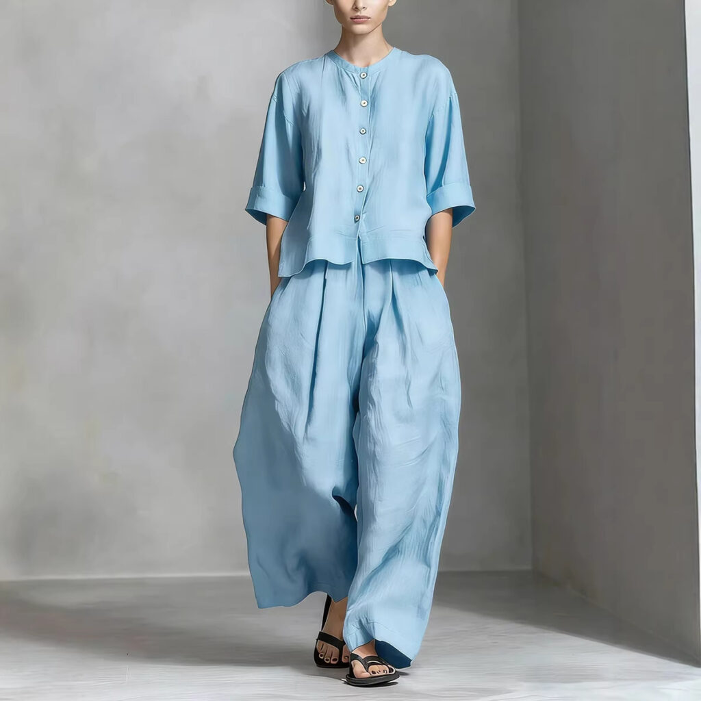 Solid-color Cotton-linen Shirt And Loose-fitting Trousers Two-piece Set