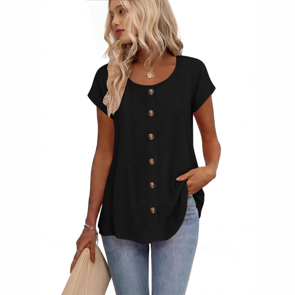 Decorative Girl Button Solid Color Short-Sleeve Crewneck T-Shirt Top