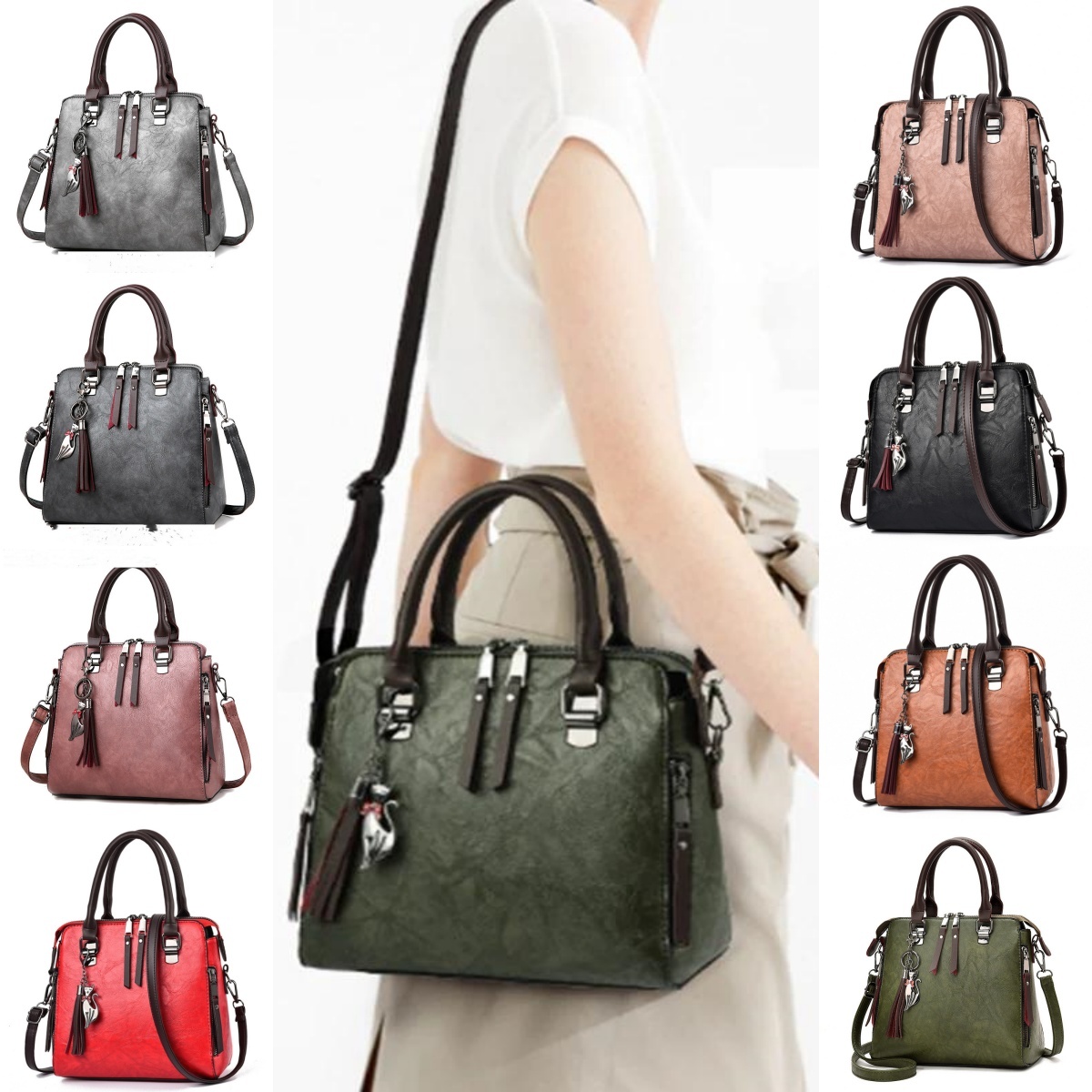 Vintage Handbag Women PU Leather Tassel Top-handle Bag Fashion Lady Tote Luxury Large Capacity Shoulder Bag - Image 1