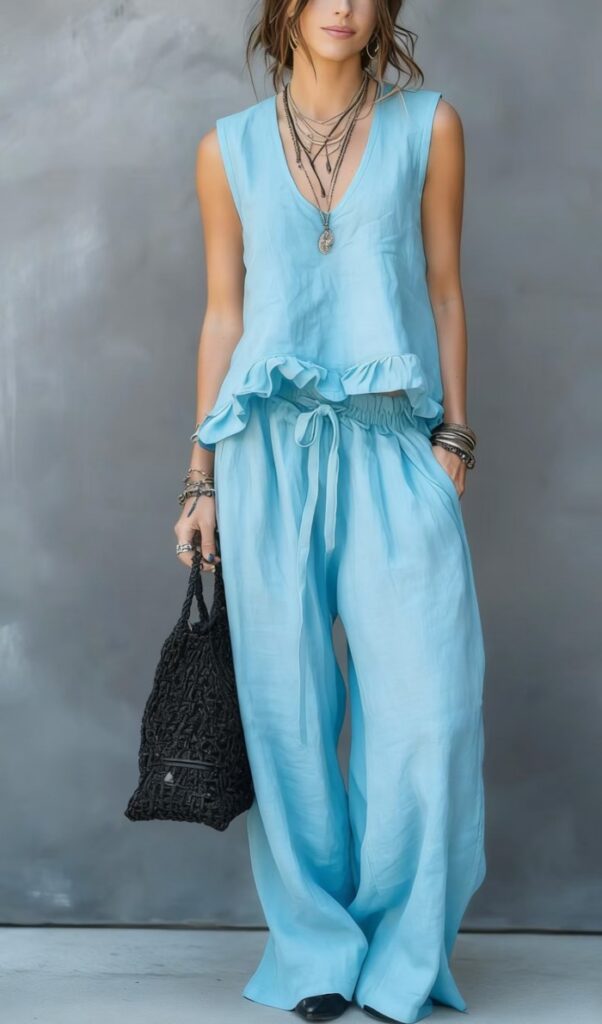 V-neck Sleeveless Ruffled Hem Dark Gray Casual Set