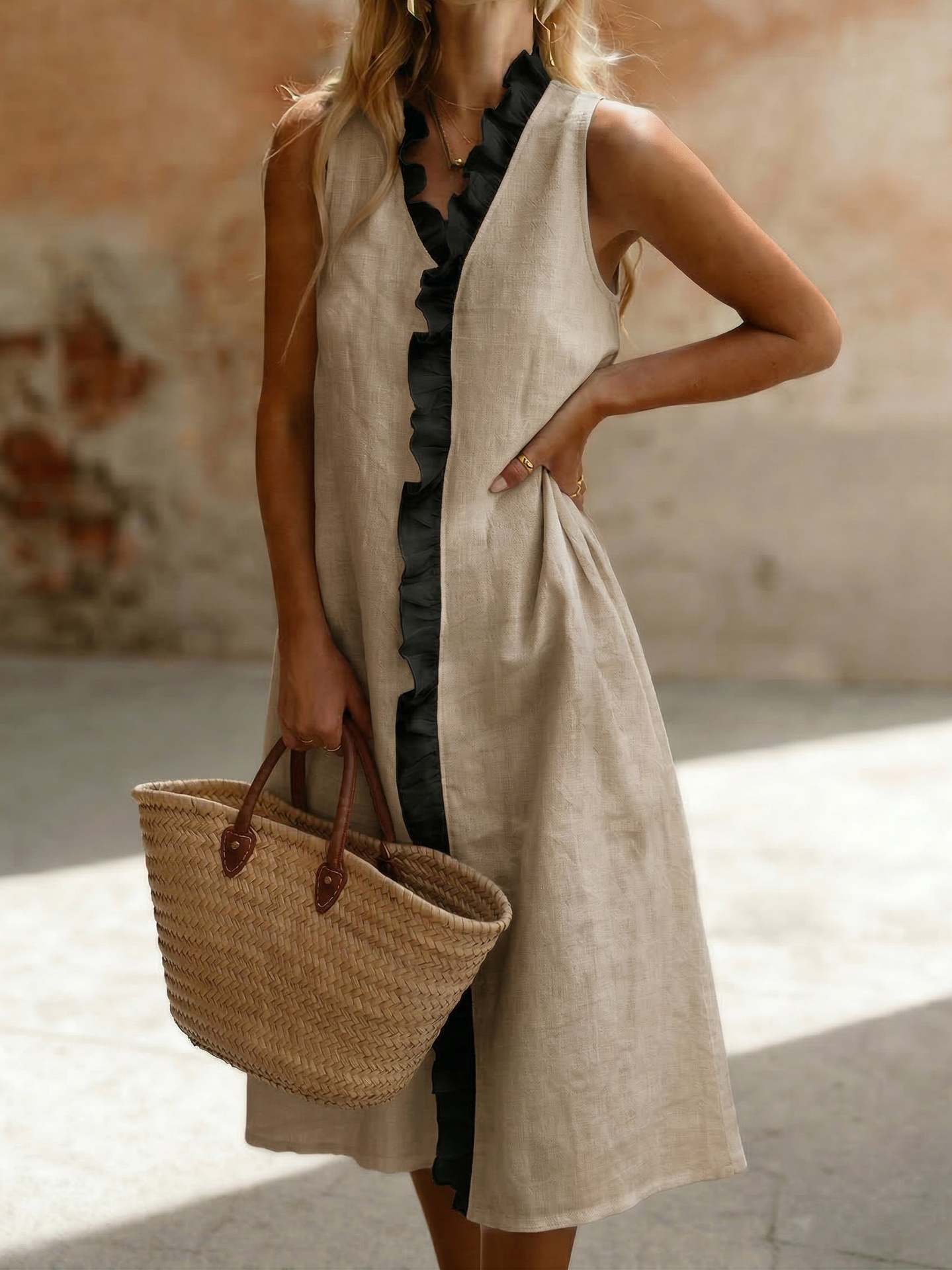Lapel-trimmed Sleeveless Cotton-linen Midi Dress - Image 4