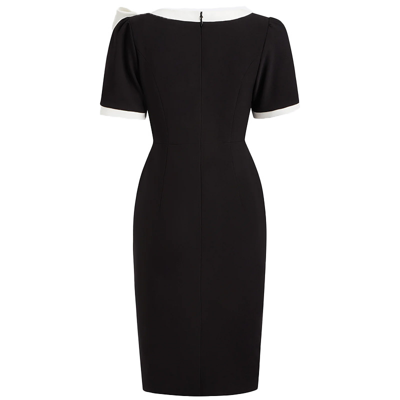Women Crew Neck Short Sleeve Bow Color-Block Slim Fit Dress - Image 5