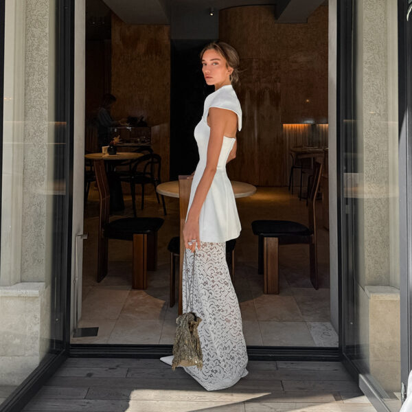 Commuter-appropriate Two-piece Set- Irregular Strapless Top And White Lace Skirt - Image 6