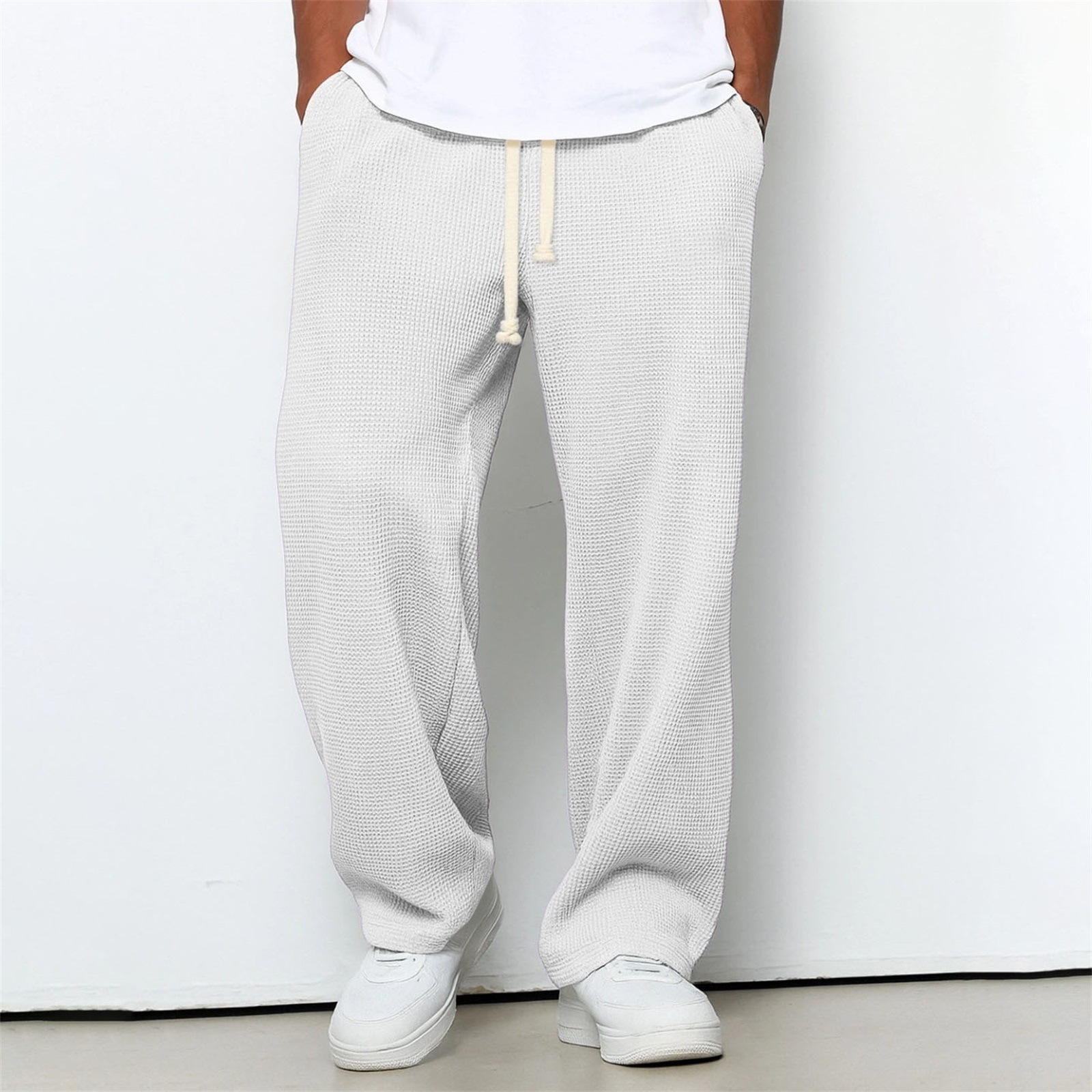 Mens Relaxed-fit Waffle-knit Wide-leg Athleisure Pants - Image 80
