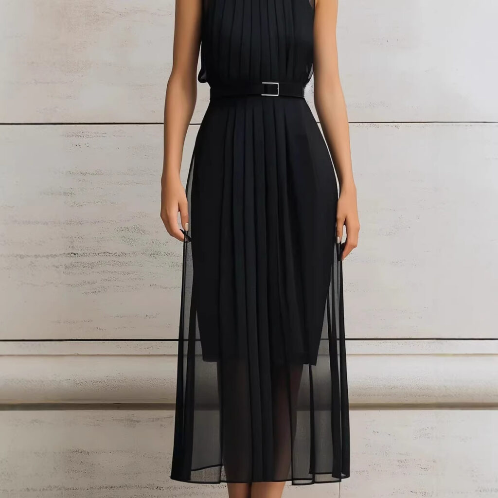 Womens Black Mesh-Panel High-Neck Sleeveless Dress
