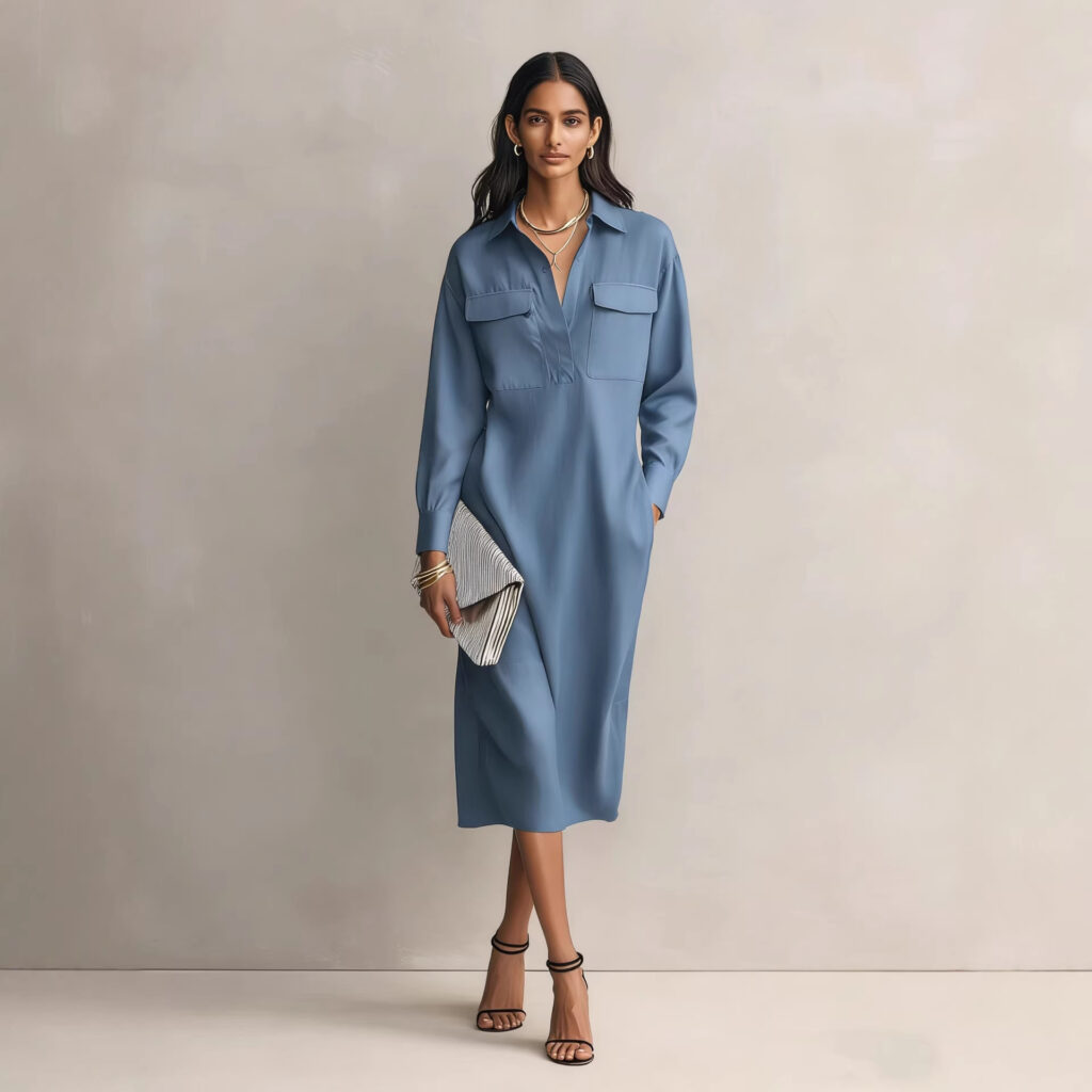 Womens French-style Elegant Commuter Shirt Dress With A Defined Waist, Slimming Fit