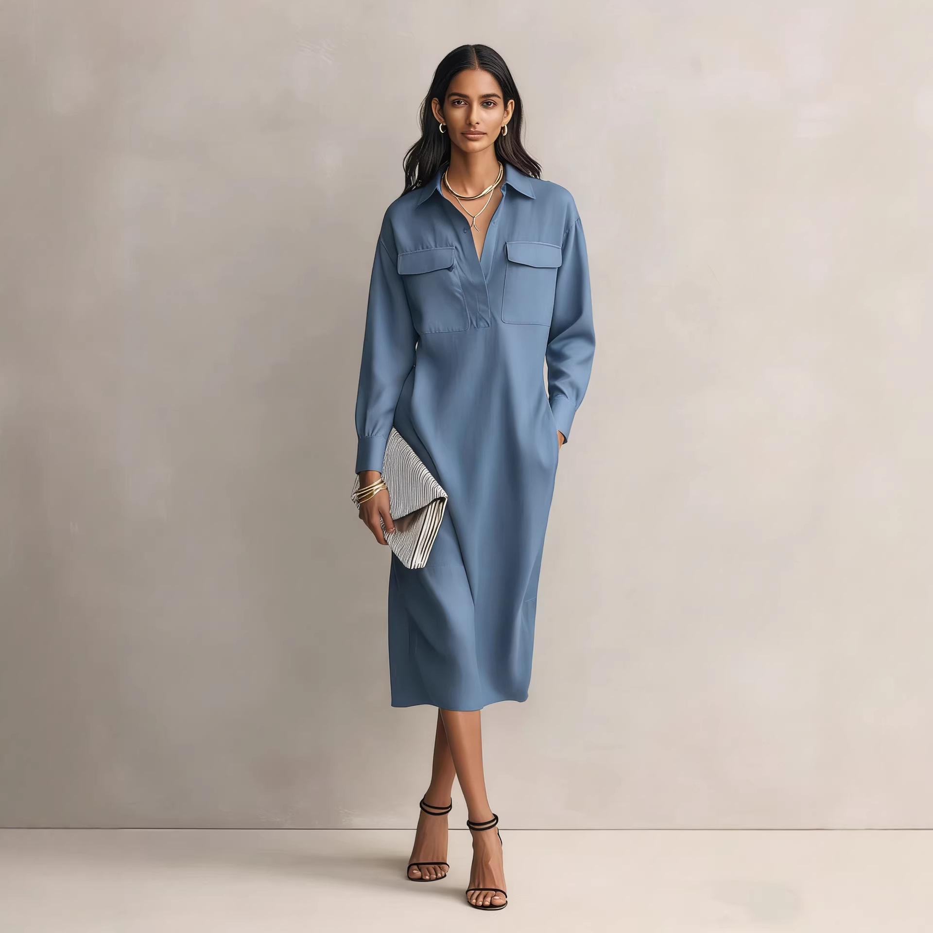 Womens French-style Elegant Commuter Shirt Dress With A Defined Waist, Slimming Fit - Image 10