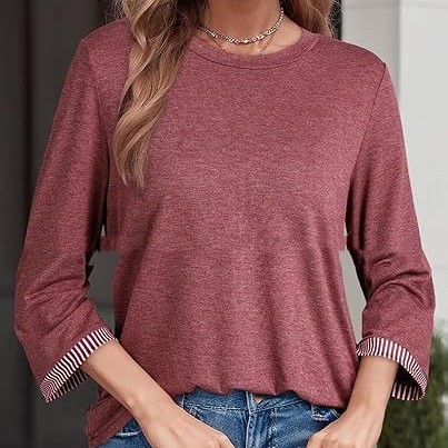 Fashionable Three-Quarter Sleeve Contrast-Piece Panel T-Shirt - Image 24