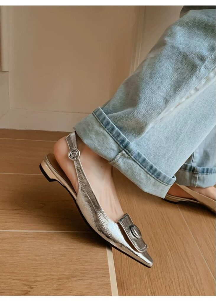 French Retro Metal Buckle Pointed Toe Slingback Flats For Women